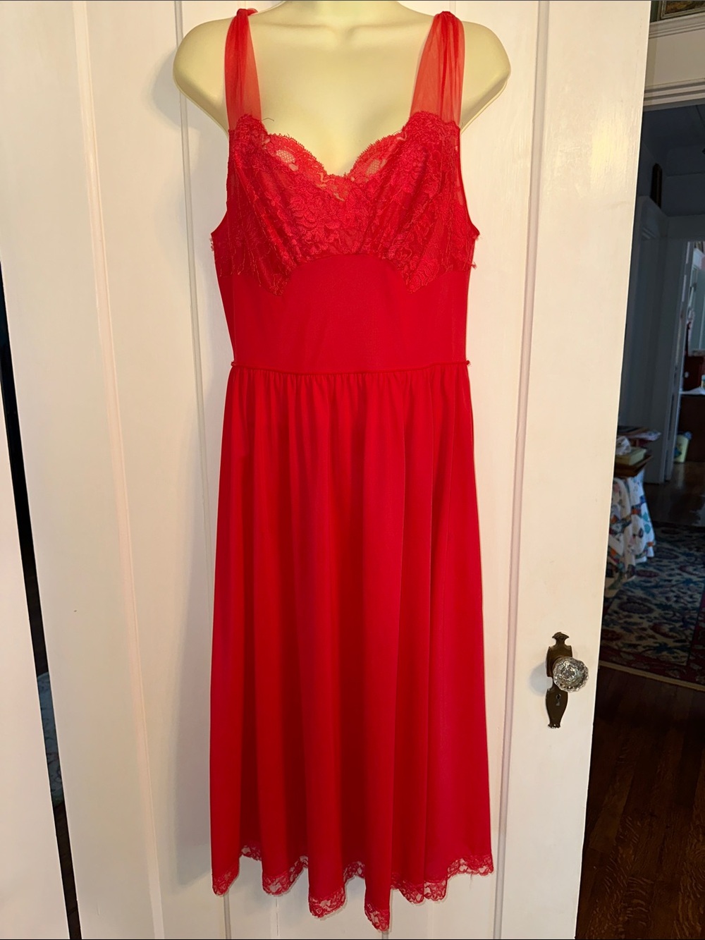 Vintage 50s/60s Red Nylon Lace Chemise Nightgown with Lace Bodice